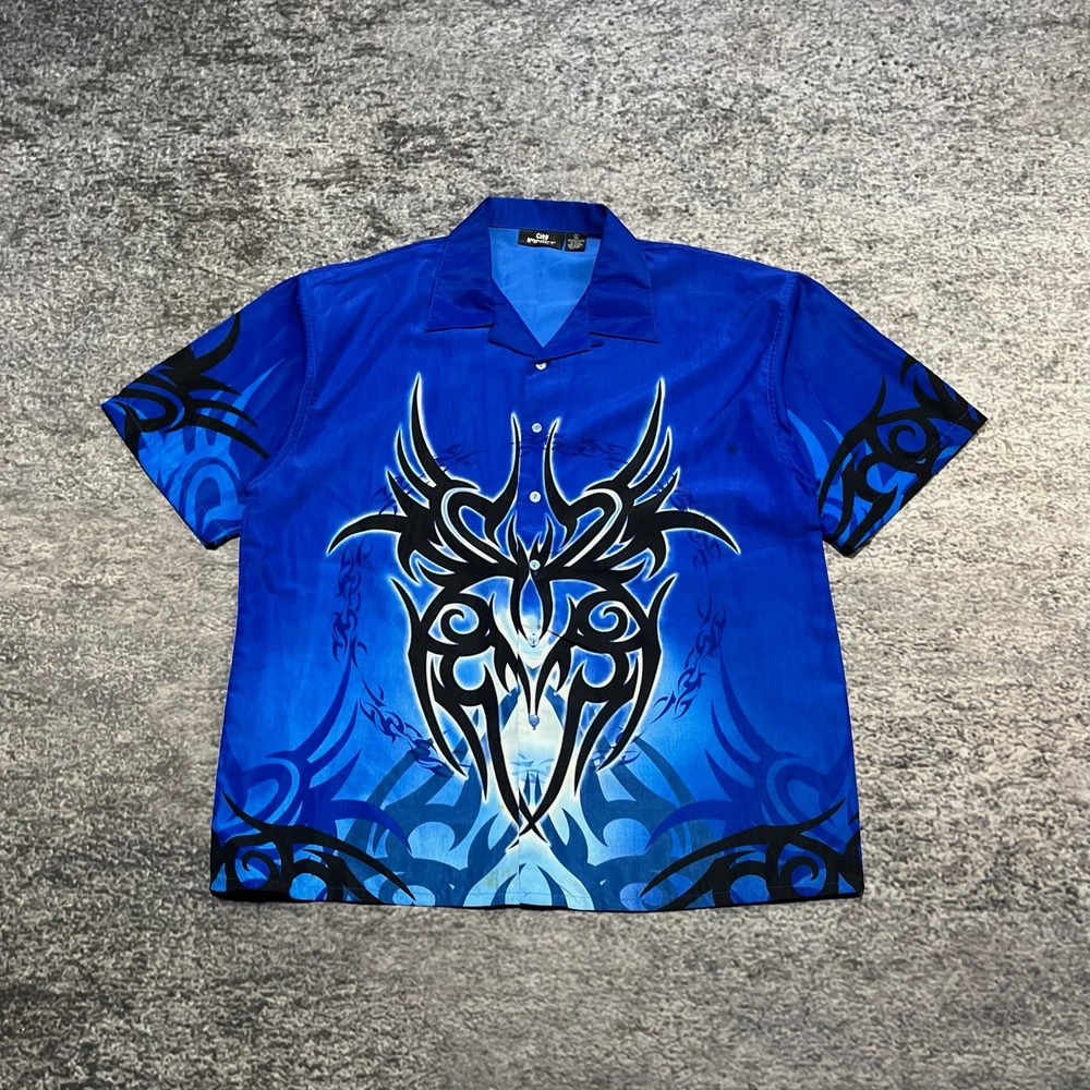 Vintage Y2K City Impact Button Up Shirt Mens‎ XL Blue Tribal Grunge Skater